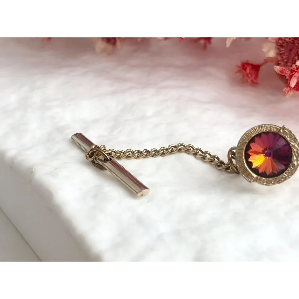 Ombre Orange & Red Rhinestone Gold Toned Vintage Men's Tie Tack